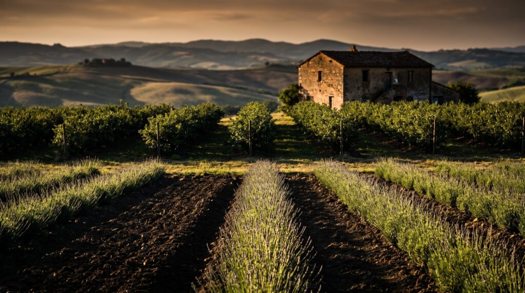Terreno agricolo di un ettaro in collina con filari di lavanda, cespugli di mirtillo e un casale in pietra