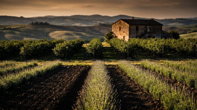 Colline con filari di lavanda e un casale in pietra